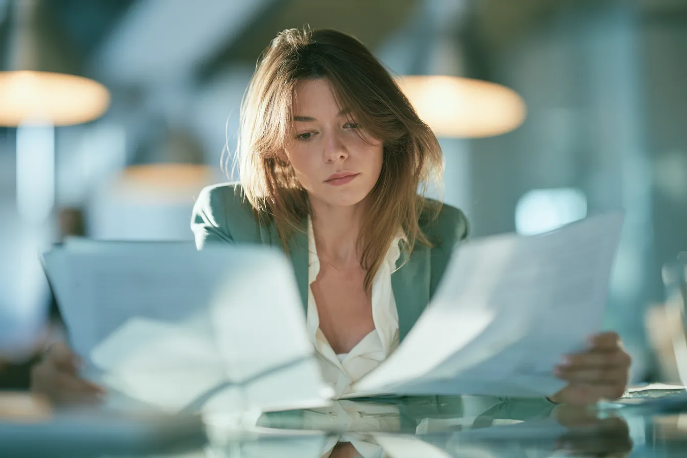 Businesswoman comparing two personal loan documents side by side at a desk
