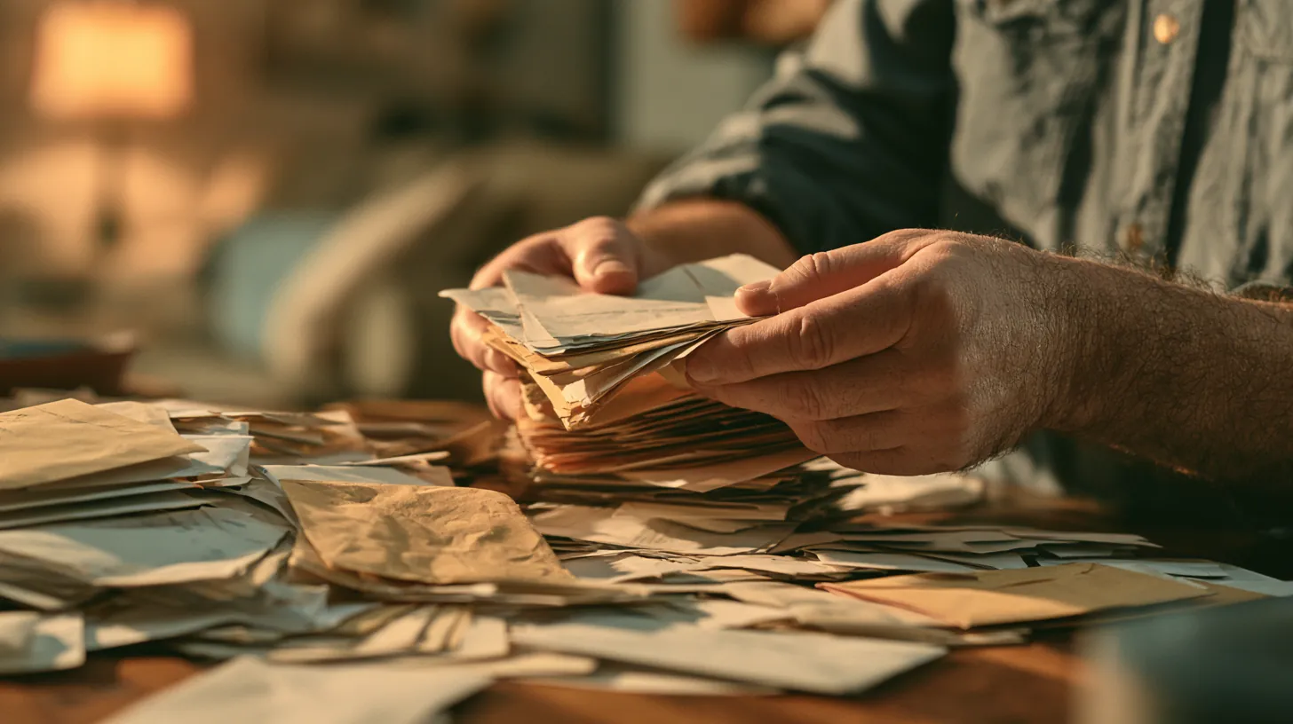 Man gathering scattered bill envelopes into one neat stack for debt consolidation