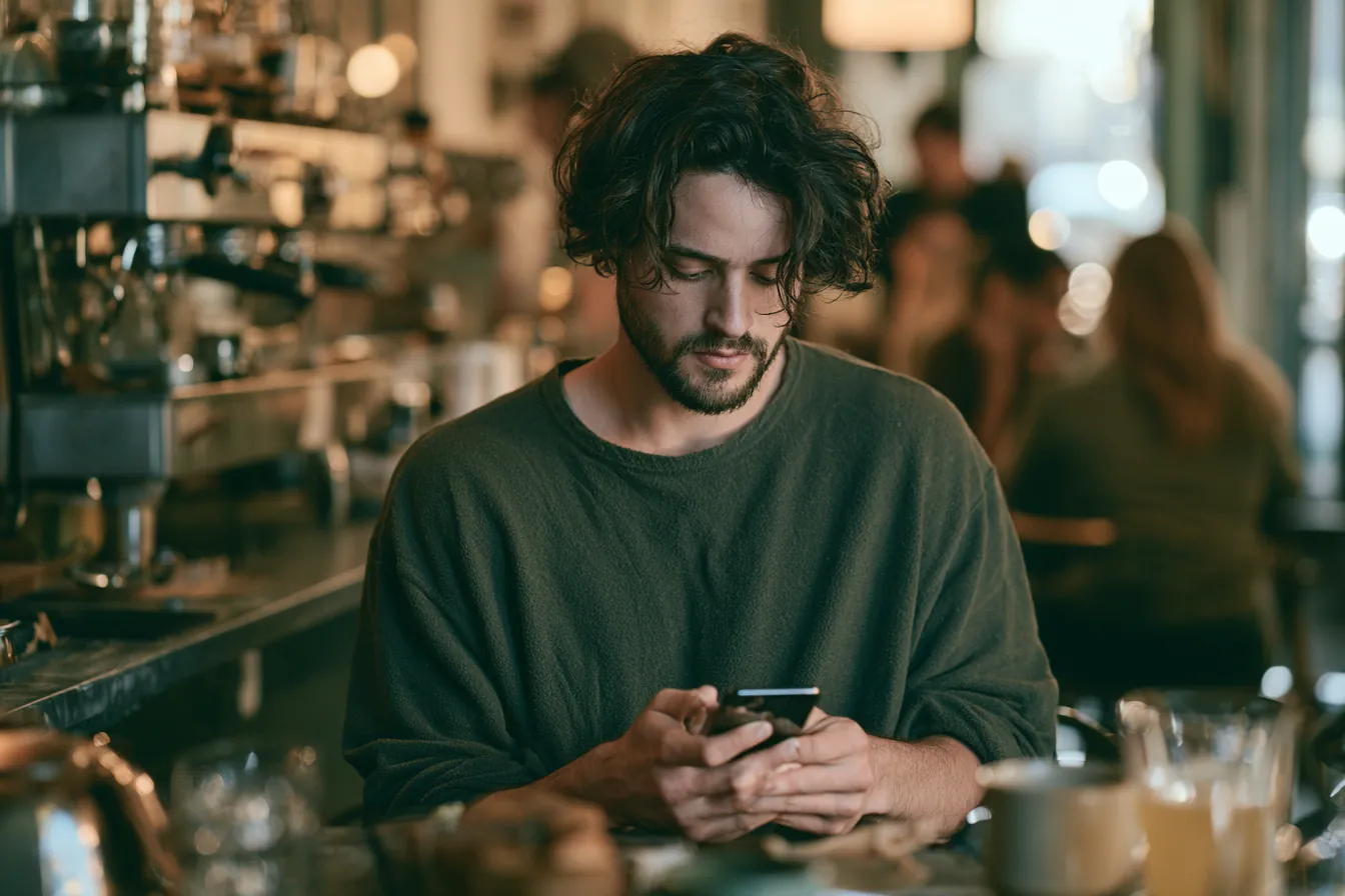 Thoughtful man holding his phone with a question about personal loans