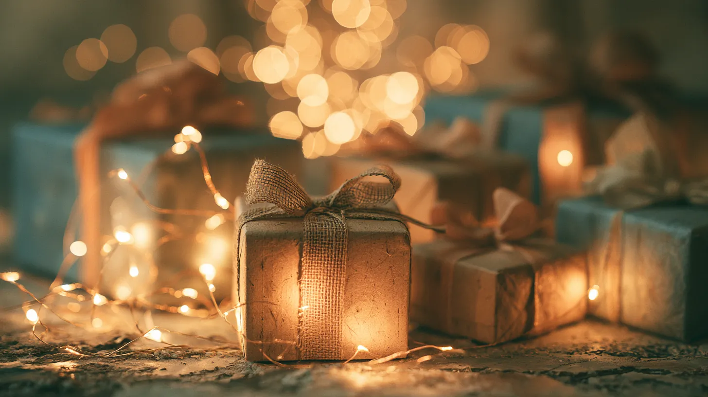 Wrapped holiday gifts glowing under warm string lights