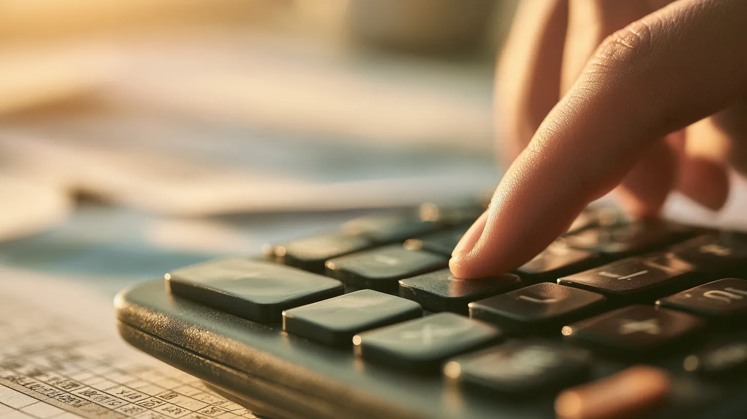 Fingertip pressing a calculator key while estimating personal loan payments