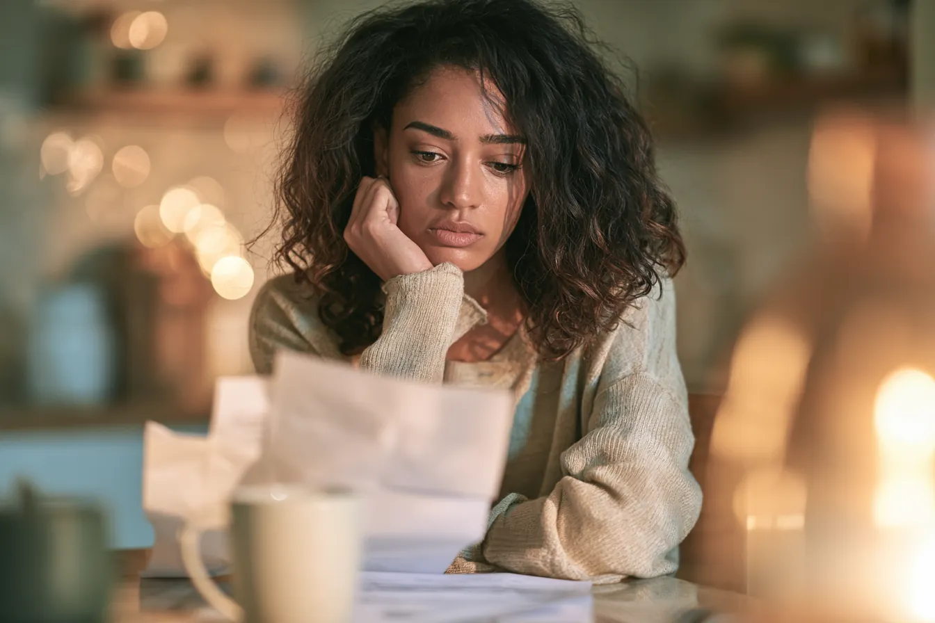 American woman reviewing personal loan paperwork at her kitchen table with coffee