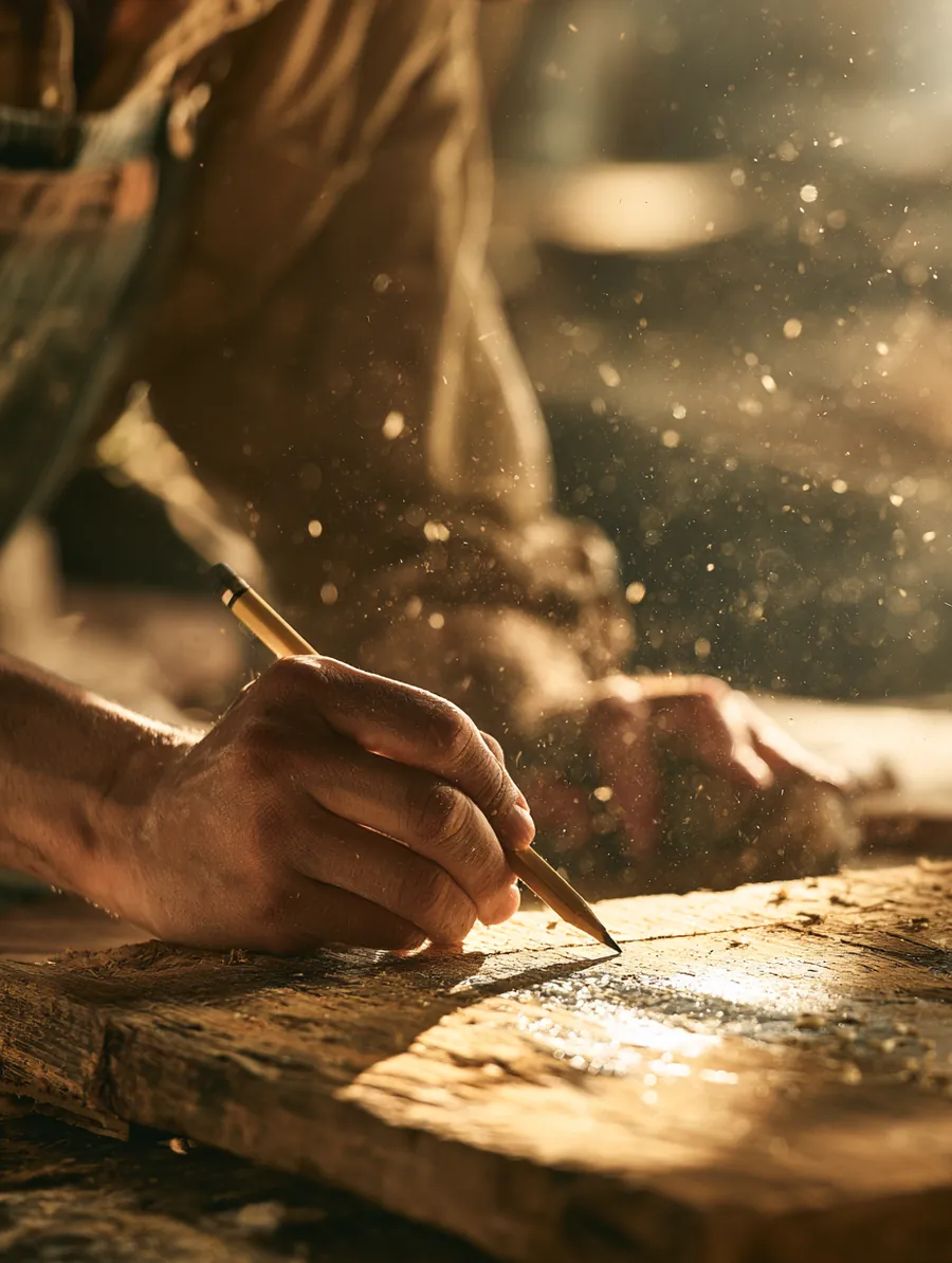 Carpenter marking a plank precisely, like measuring an installment loan term