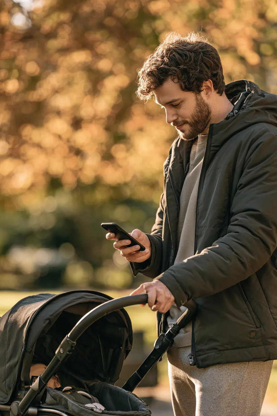 Young dad checking his phone while pushing a stroller in an autumn park, saving for the family's future