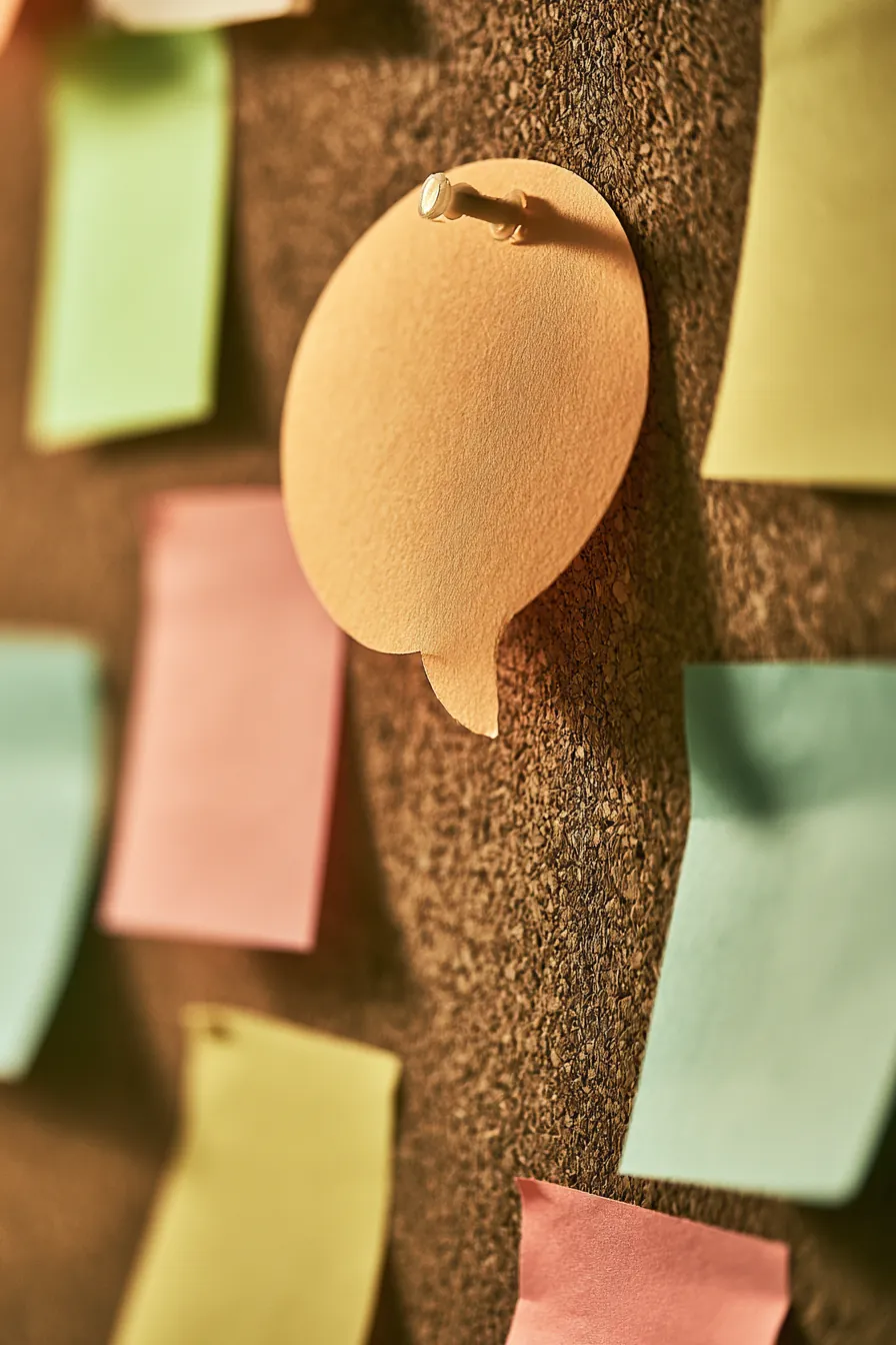 Speech-bubble sticky note pinned on a corkboard of personal loan questions