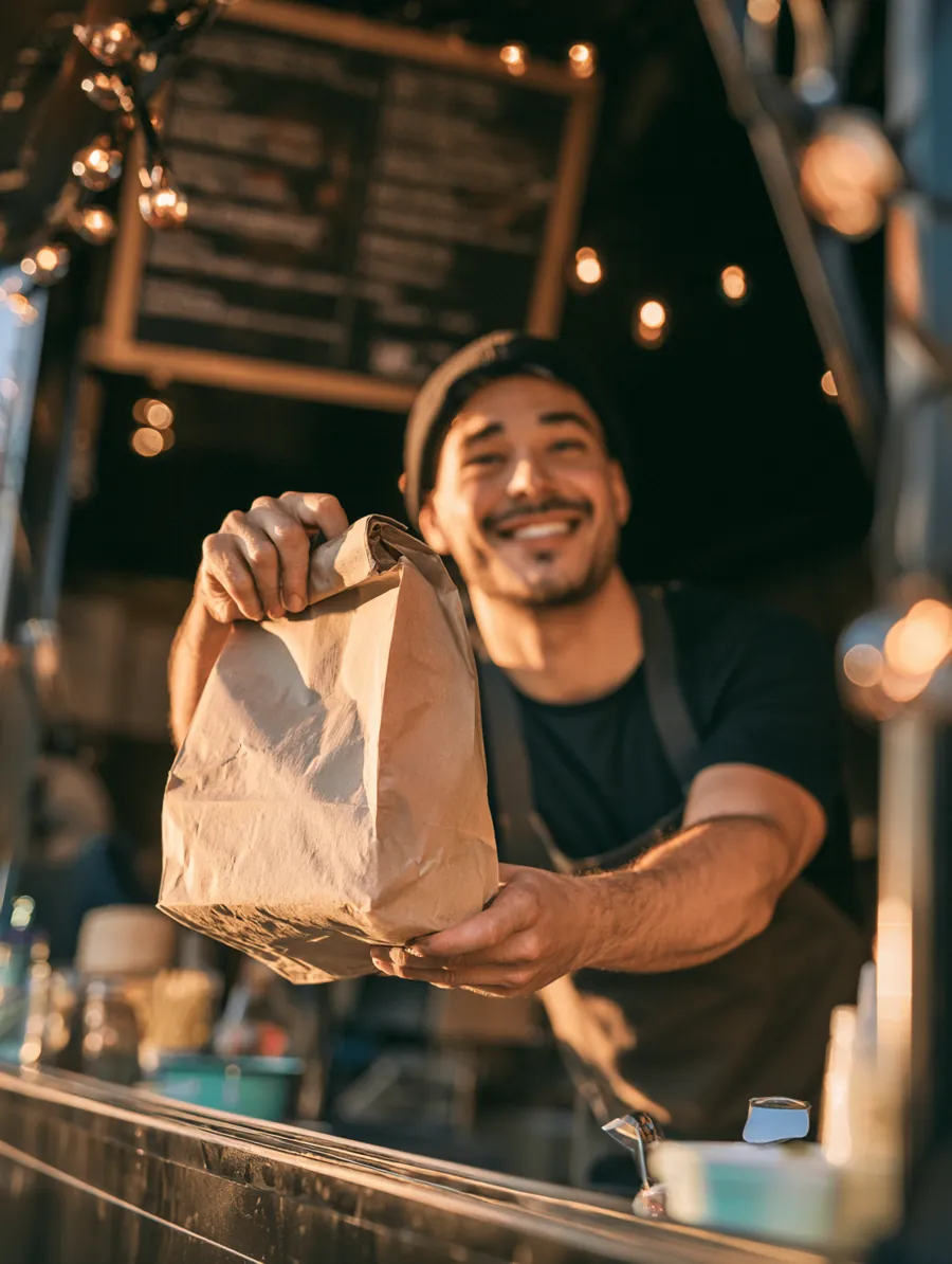Food truck owner handing an order through the window while managing a personal loan budget