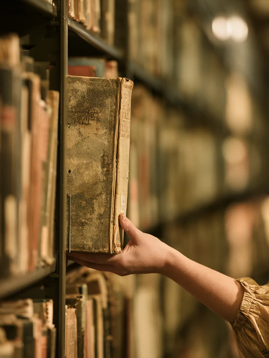 Librarian sliding a reference book from a tall shelf of loan terminology