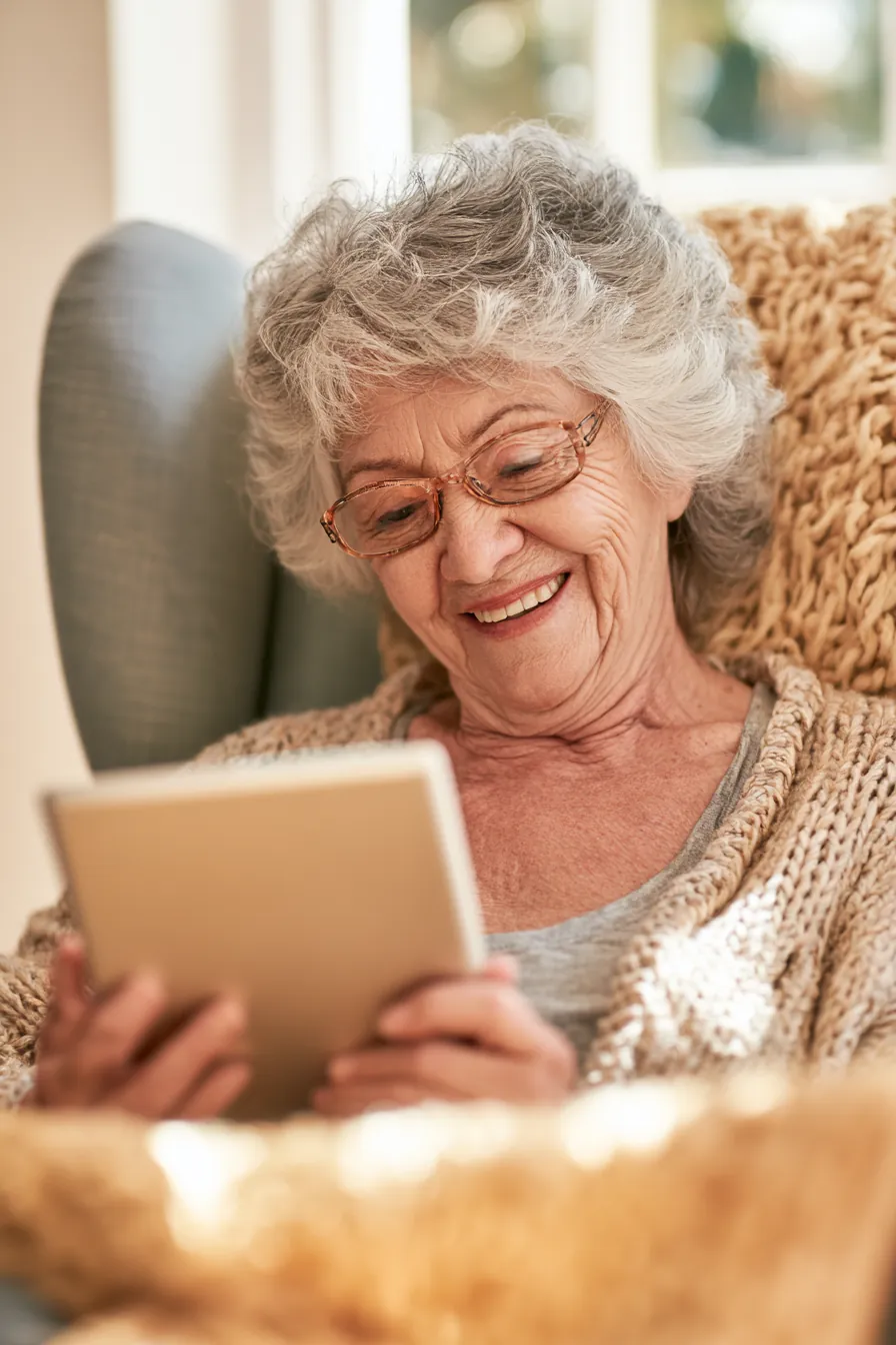 Grandmother smiling at a tablet in a sunlit armchair, three generations sharing the household money system