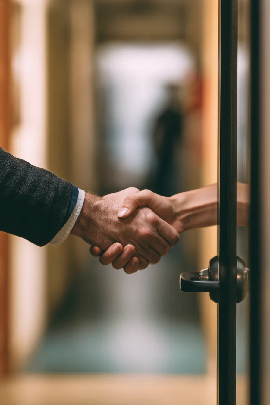 Handshake at a doorway after agreeing on personal loan terms