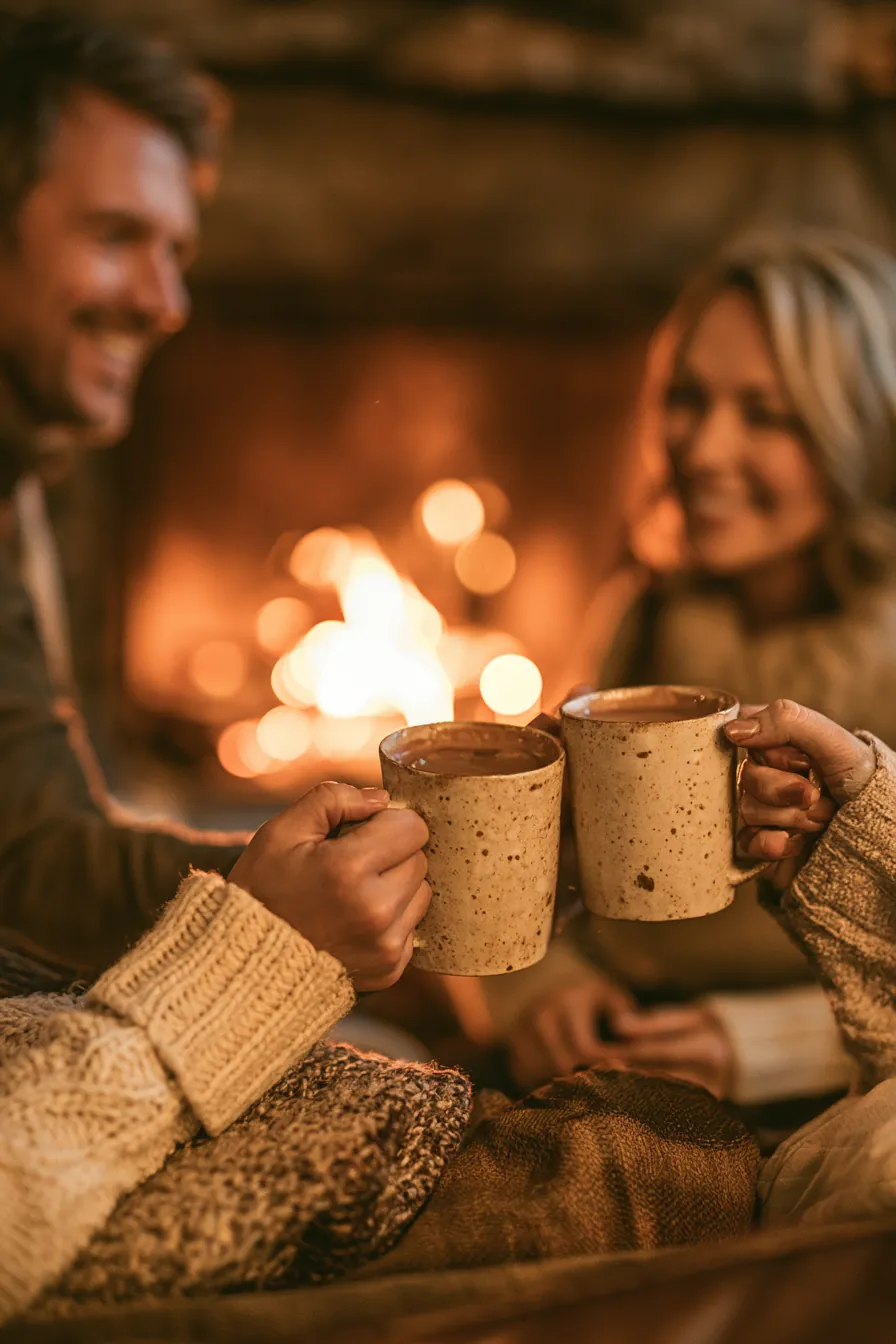 Couple toasting cocoa mugs by a fireplace, debt-free after the holidays