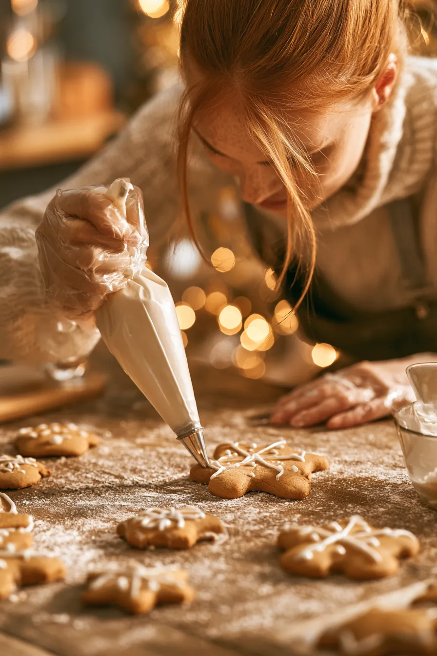 Woman decorating gingerbread cookies with icing during the holiday season