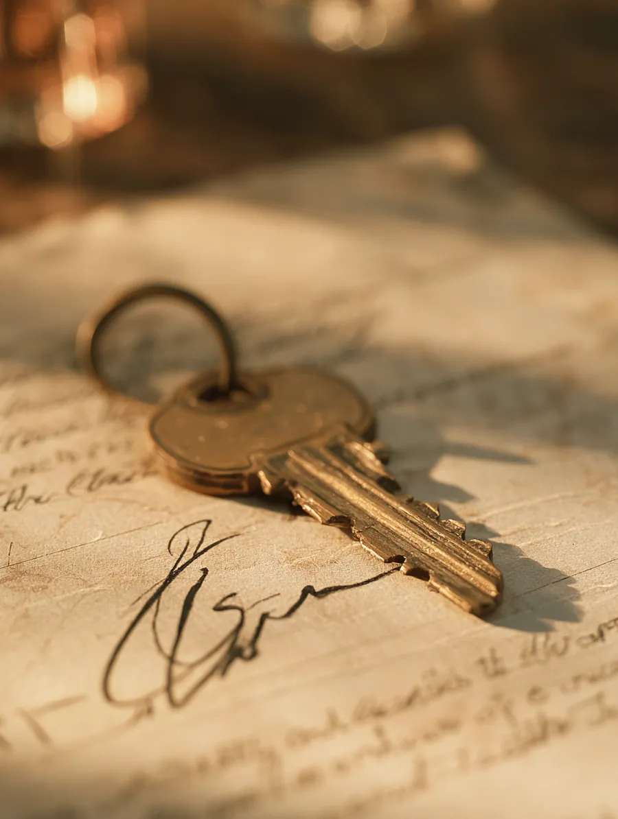 Brass house key resting on a signed personal loan document