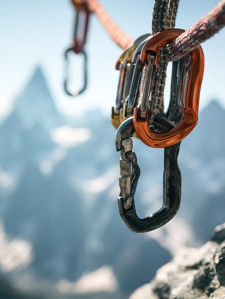 Climbing carabiners clipped on a rope against a mountain backdrop, safety gear for financial readiness