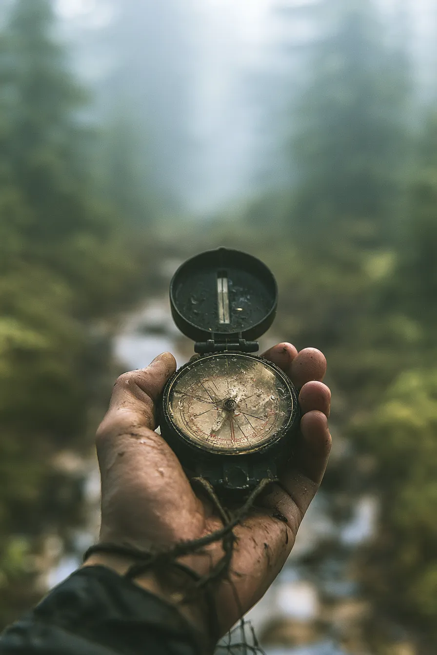 Hiker checking a wrist compass at a foggy trailhead, pacing a long fixed schedule