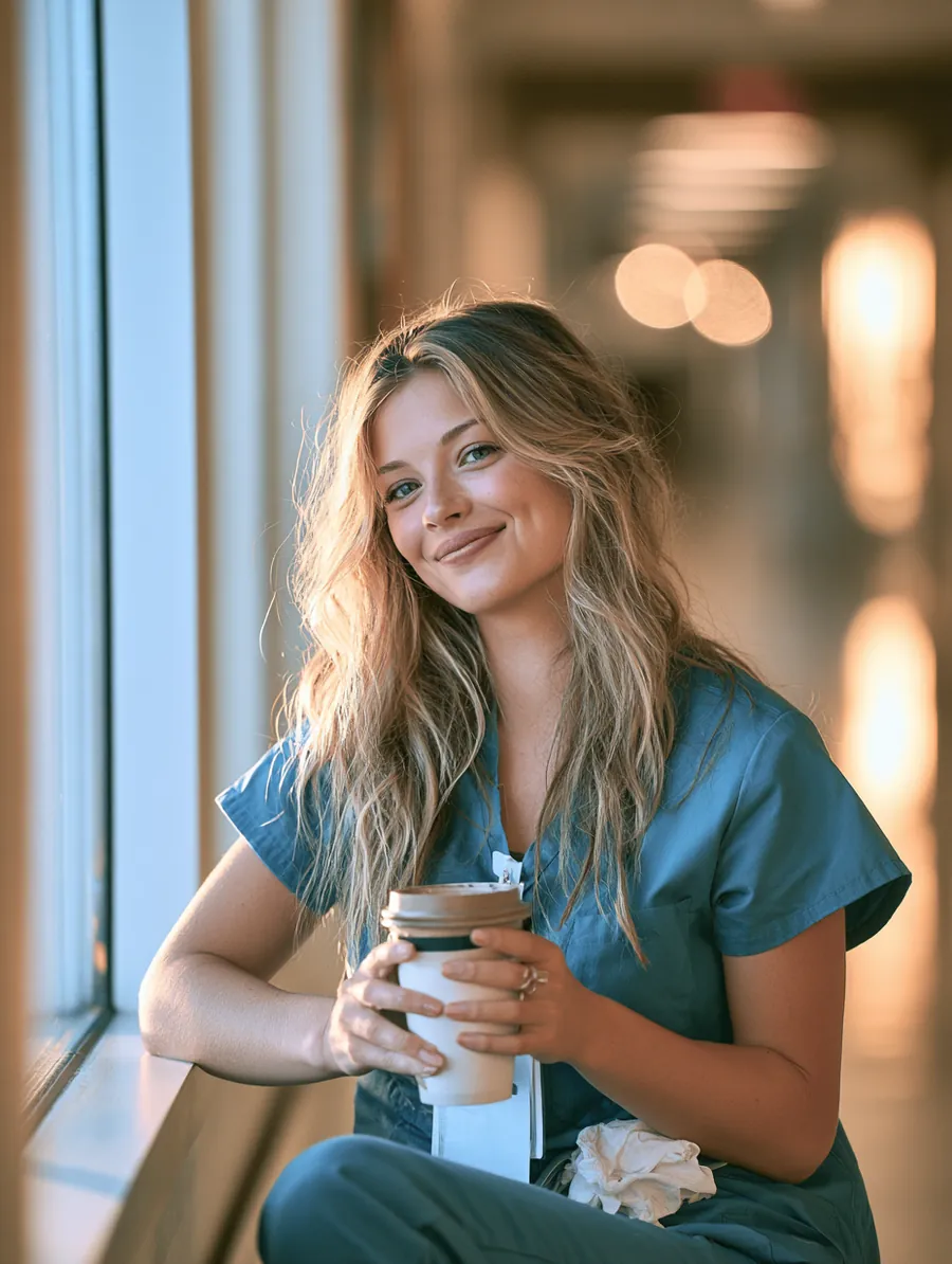 Nurse taking a calm coffee break by a bright window after consolidating her debts
