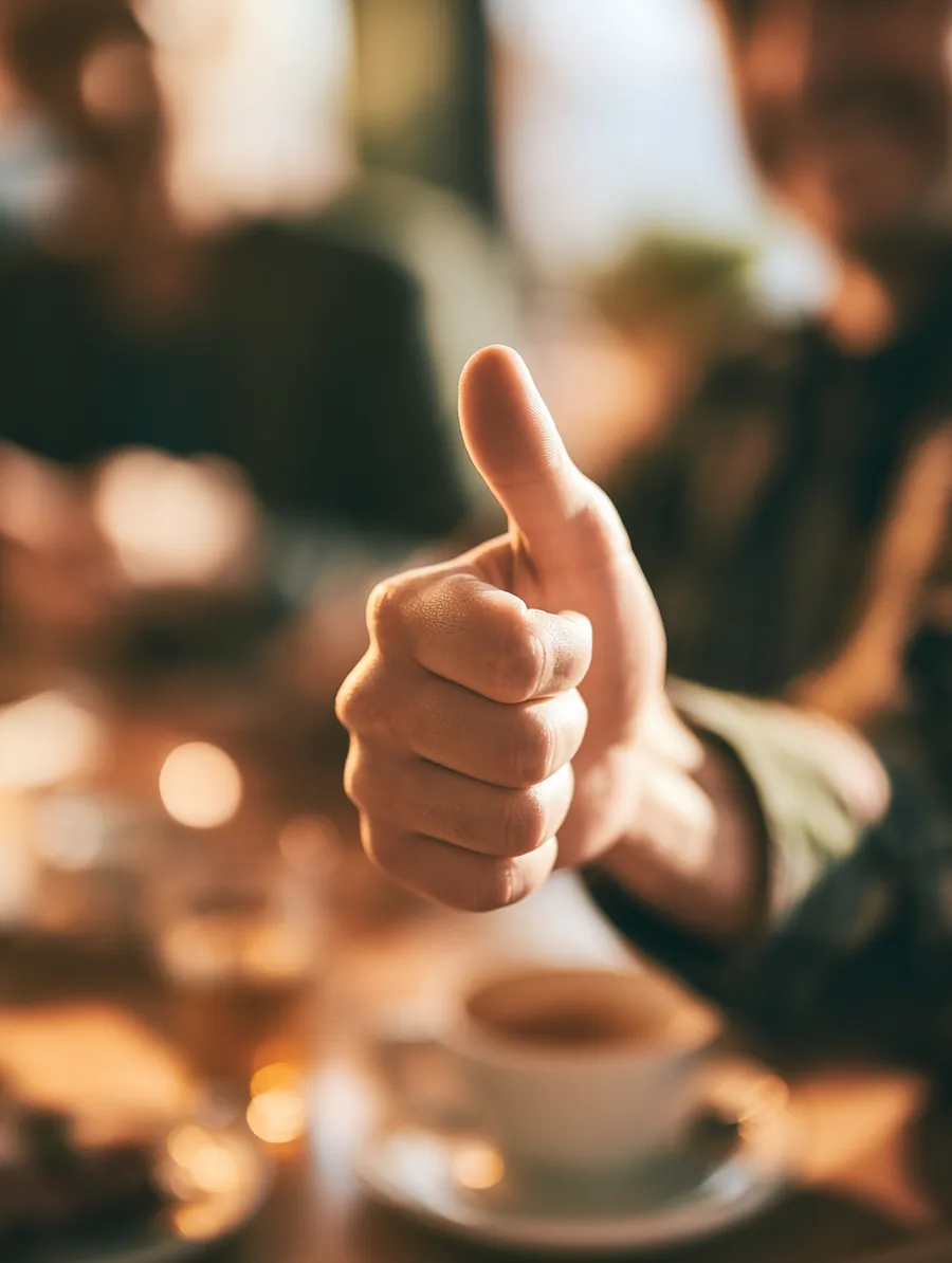 Man giving a thumbs-up across a cafe table after a good personal loan experience