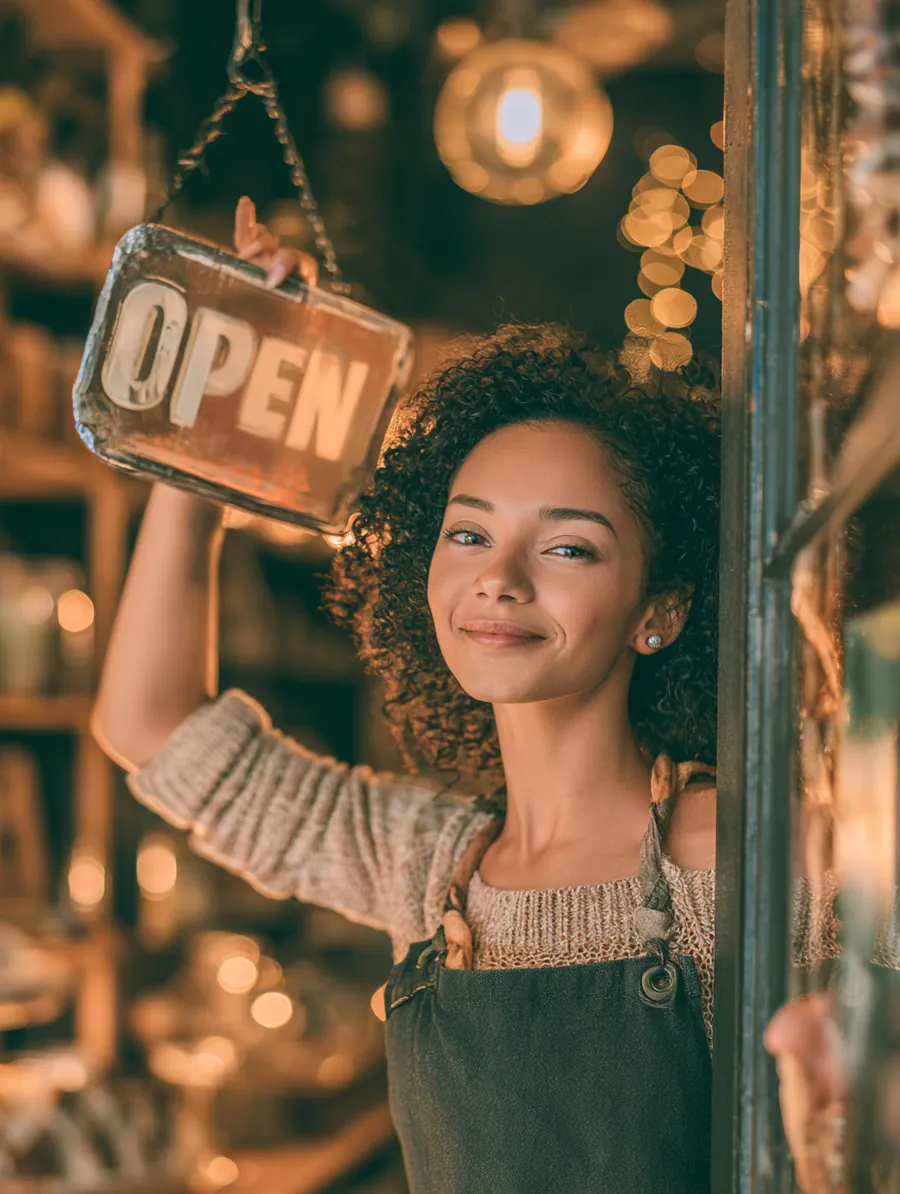 Small-business owner flipping an OPEN sign on a glass door, a fresh start beginning
