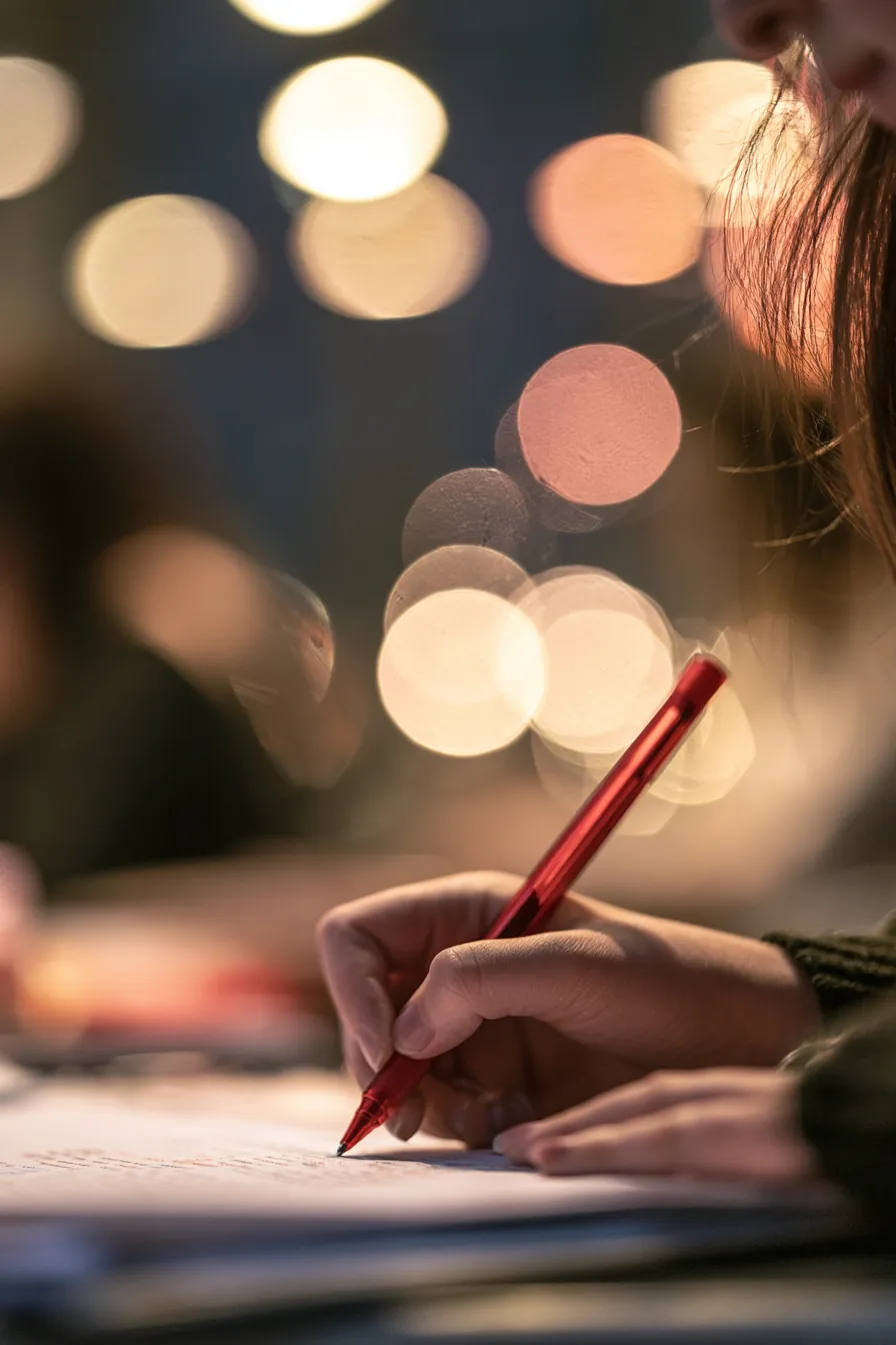 Teacher grading papers with a red pen at dusk, like scoring models reading a credit file
